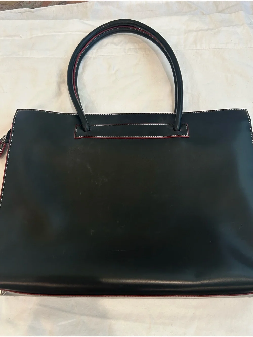 Lodis Audrey Black Leather Laptop Tote Bag Red Trim White Stitching